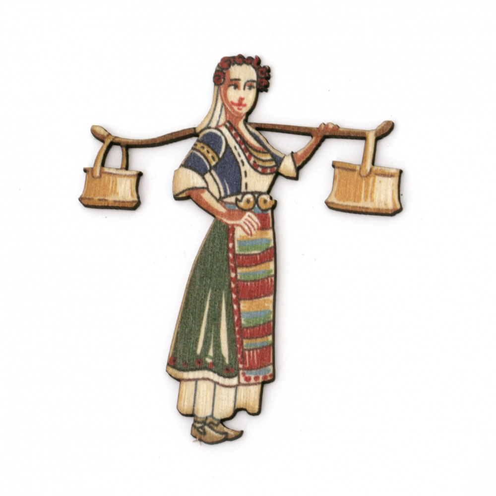 Дървена фигурка за декорация мома с менци в народна носия 65x54x2 мм