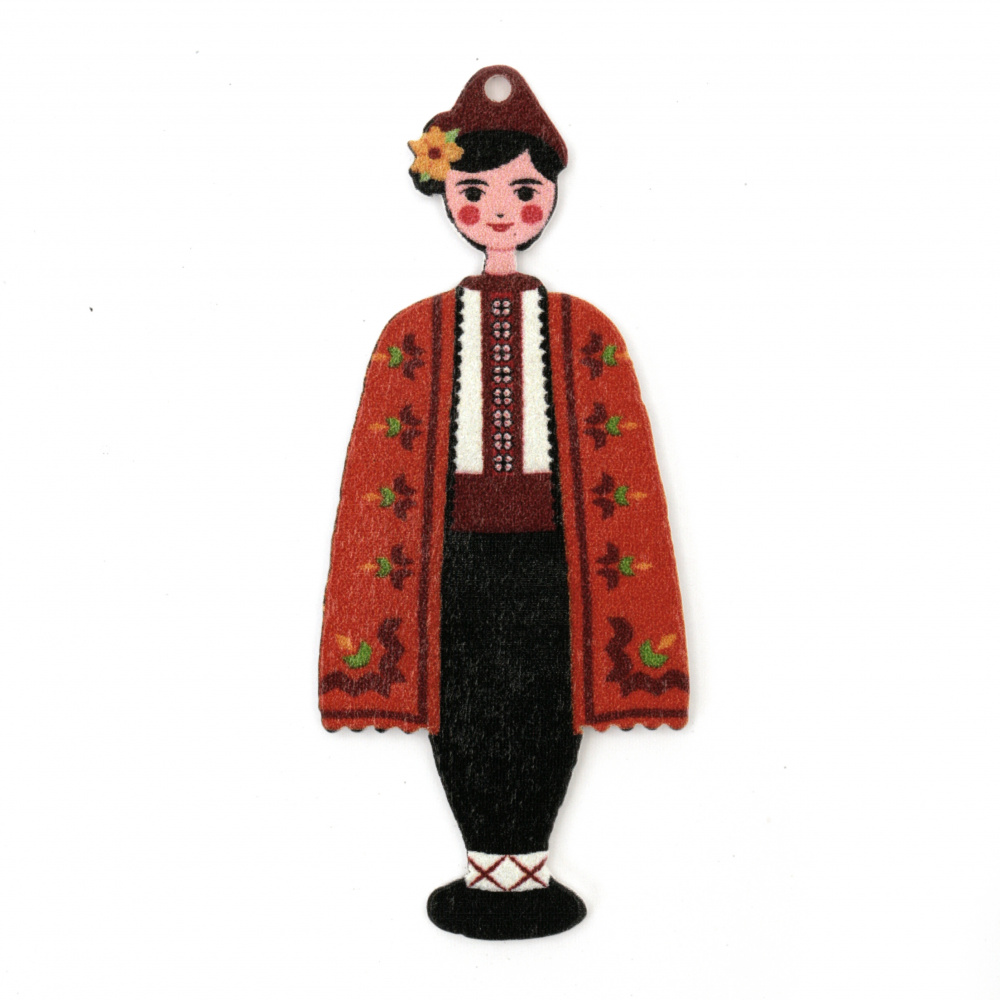 Wood Charm, Boy with Folk Costume / 70x30x2 mm, Hole: 2 mm - 5 pieces