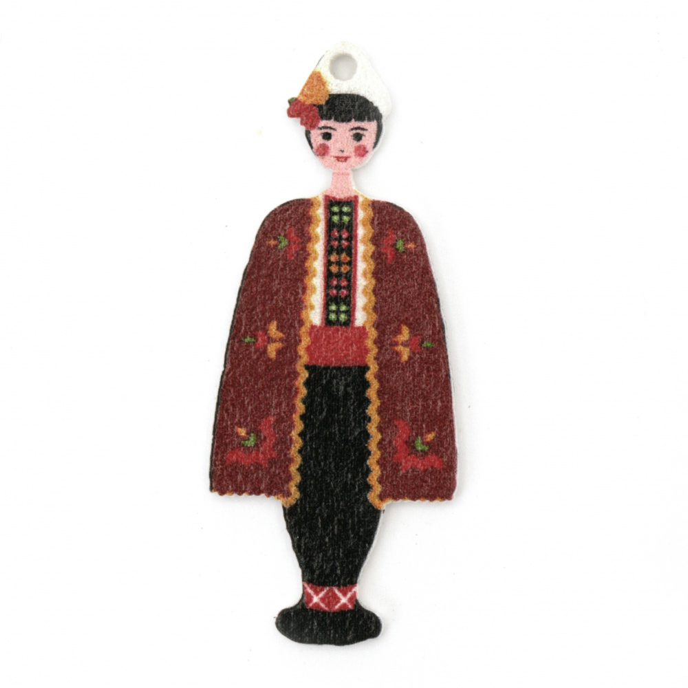 Wooden Charm, Boy with Traditional Costume / 48x20x2 mm, Hole: 1.5 mm - 10 pieces