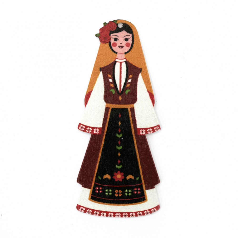 Wood Pendant for Martenitsas and Souvenirs, Girl in Traditional Dress / 70x30x2 mm, Hole: 2 mm - 5 pieces
