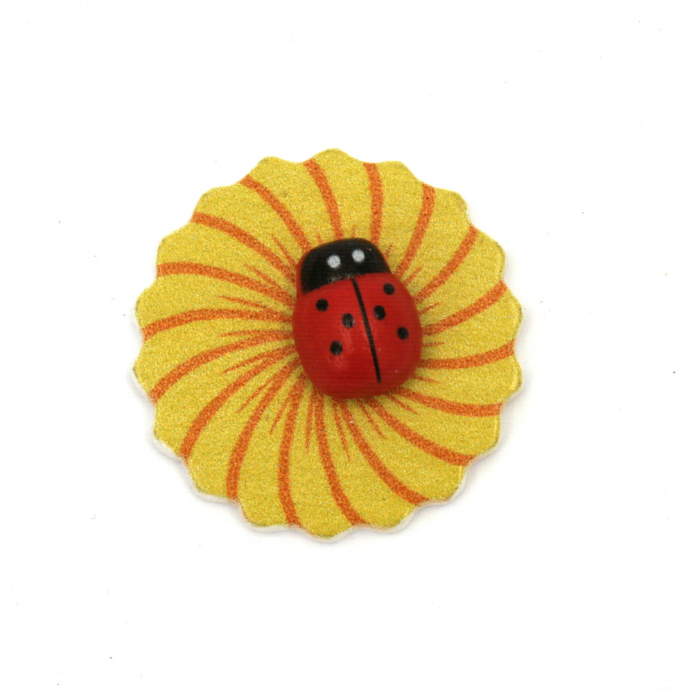 Wooden Flower with Ladybug Figurine, 27 mm - Set of 10 Pieces
