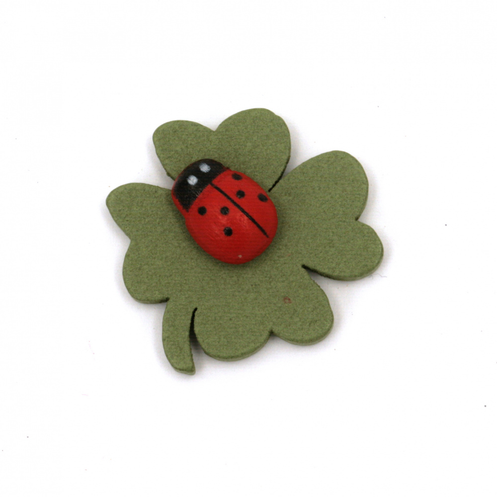 Wooden Clover with Ladybug Figurine, 25 mm - Set of 10 Pieces