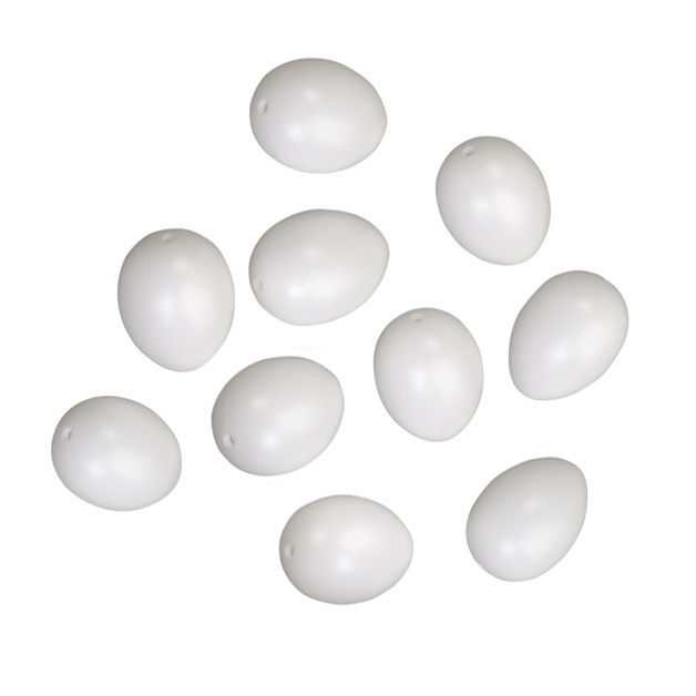 Egg-shaped plastic ornament, 60x45 mm with one 3 mm hole, white with plastic cap - 24 pieces