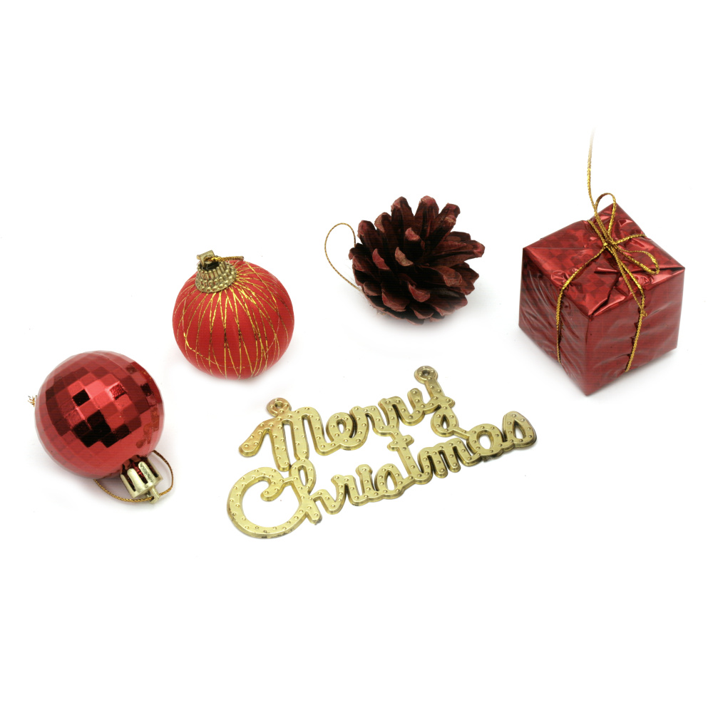 Christmas Ornament Set: Balls (2 types) 39x51 mm, Pine Cones 43x45 mm, Gifts 37x37 mm - 12 Pieces