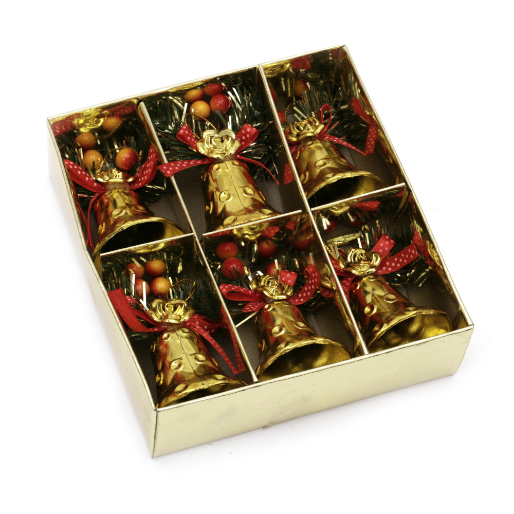 Σετ Χριστουγεννιάτικα στολίδια, καμπάνες χρυσό χρώμα 75x49 mm - 6 τεμάχια
