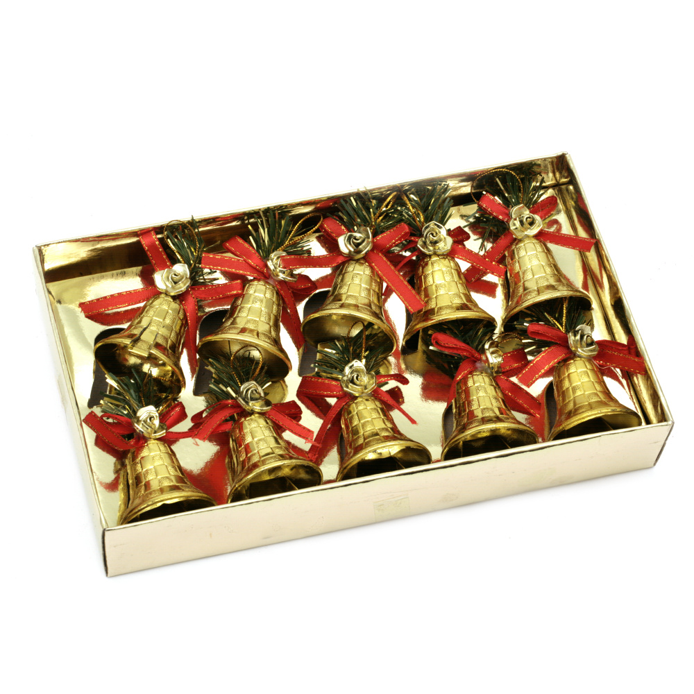 Christmas Decoration Set: Gold-Colored Bells, 61x39 mm - 10 Pieces