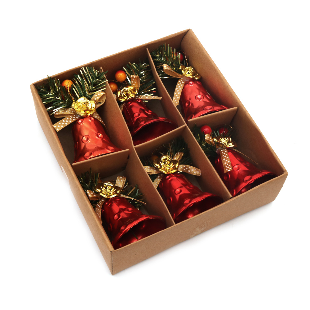 Christmas Bell Set, Red Color, 50x80 mm - 6 Pieces