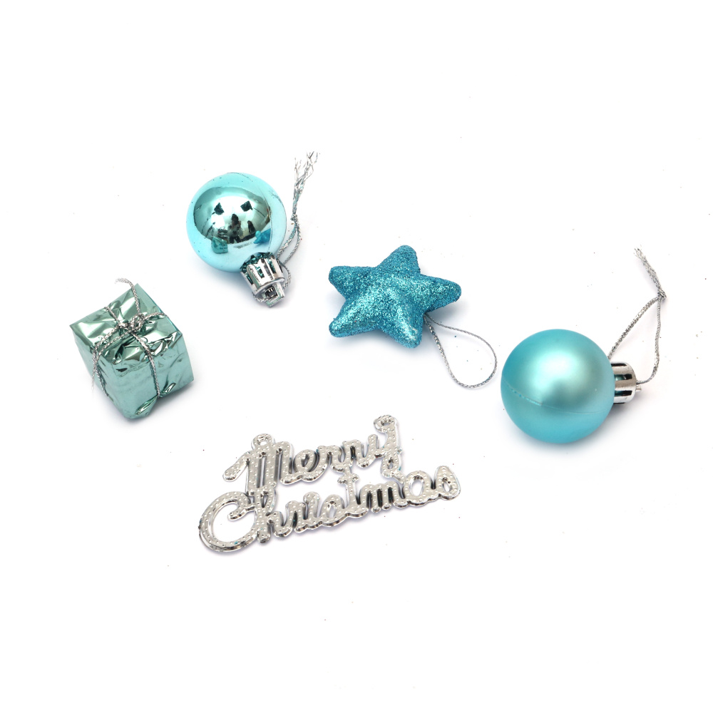 Set of Christmas Decorations: Stars - 14x35 mm, Gifts - 22x24 mm, Balls - 29x40 mm, Merry Christmas Inscription - 36x68 mm - 13 pieces