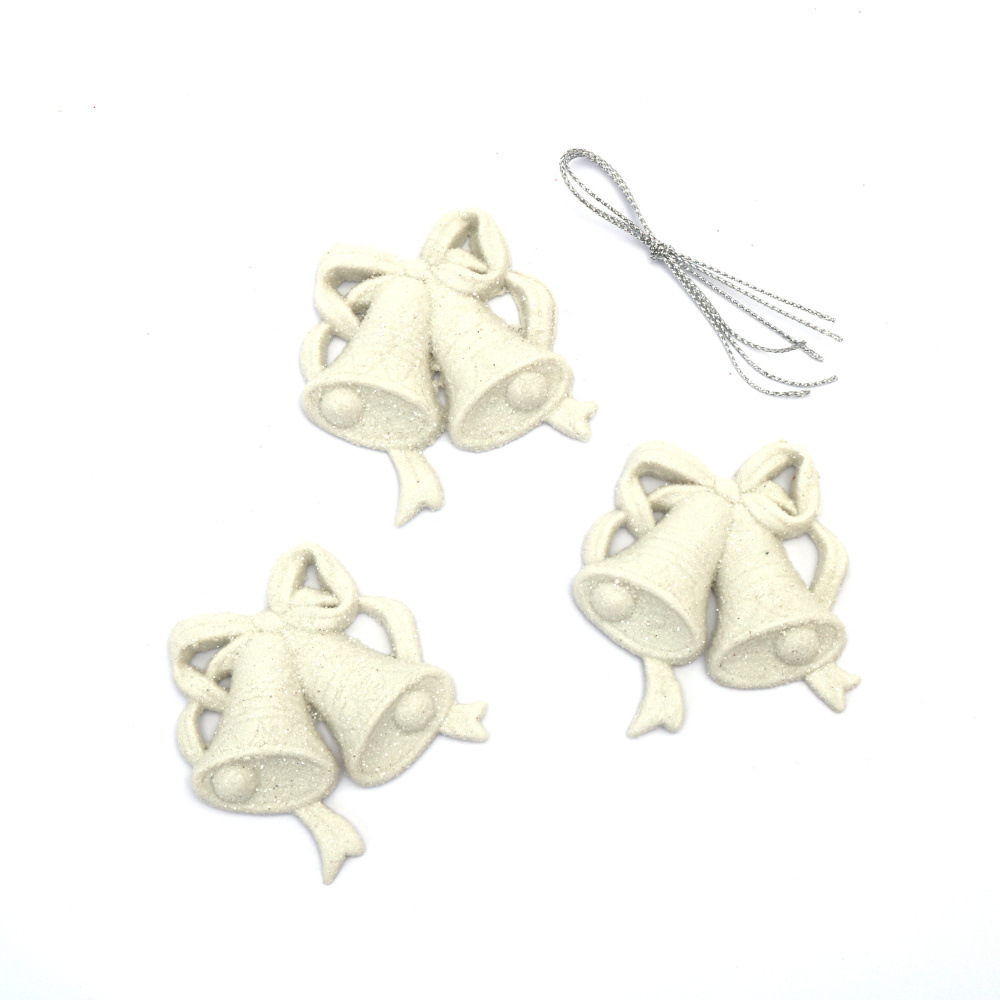 Christmas Decoration Bells 60x60 mm White with Glitter - 3 Piece