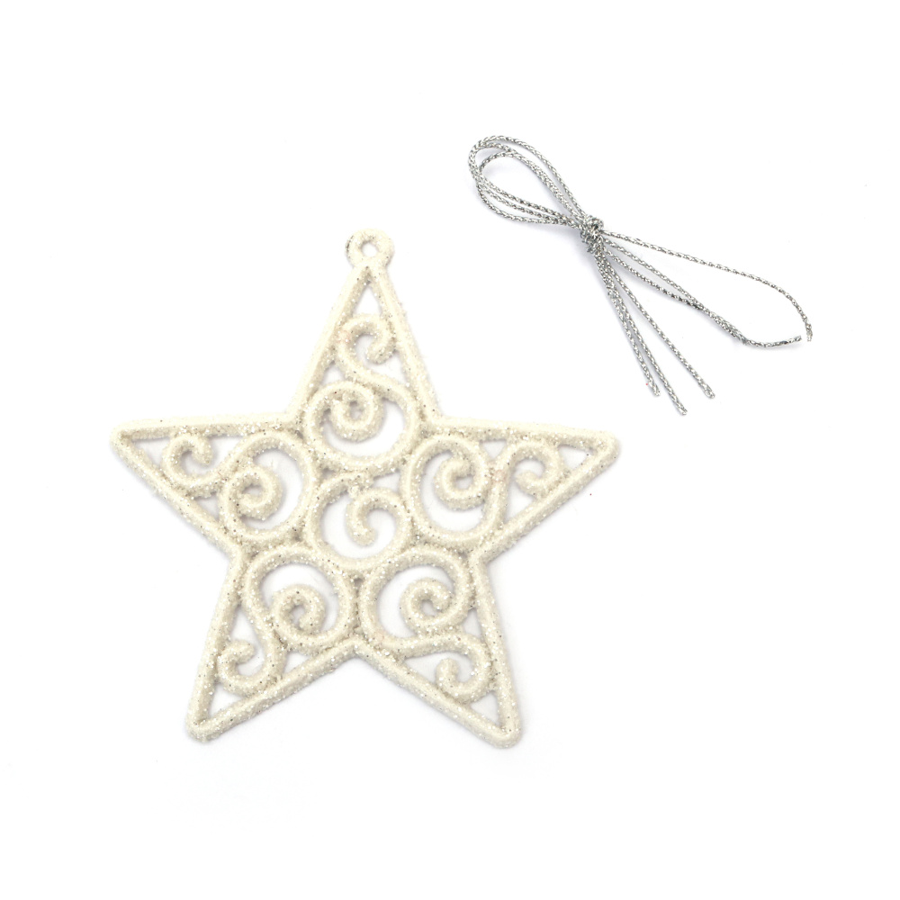 Christmas Star Decoration / 95x100 mm / White with Glitter - 3 pieces