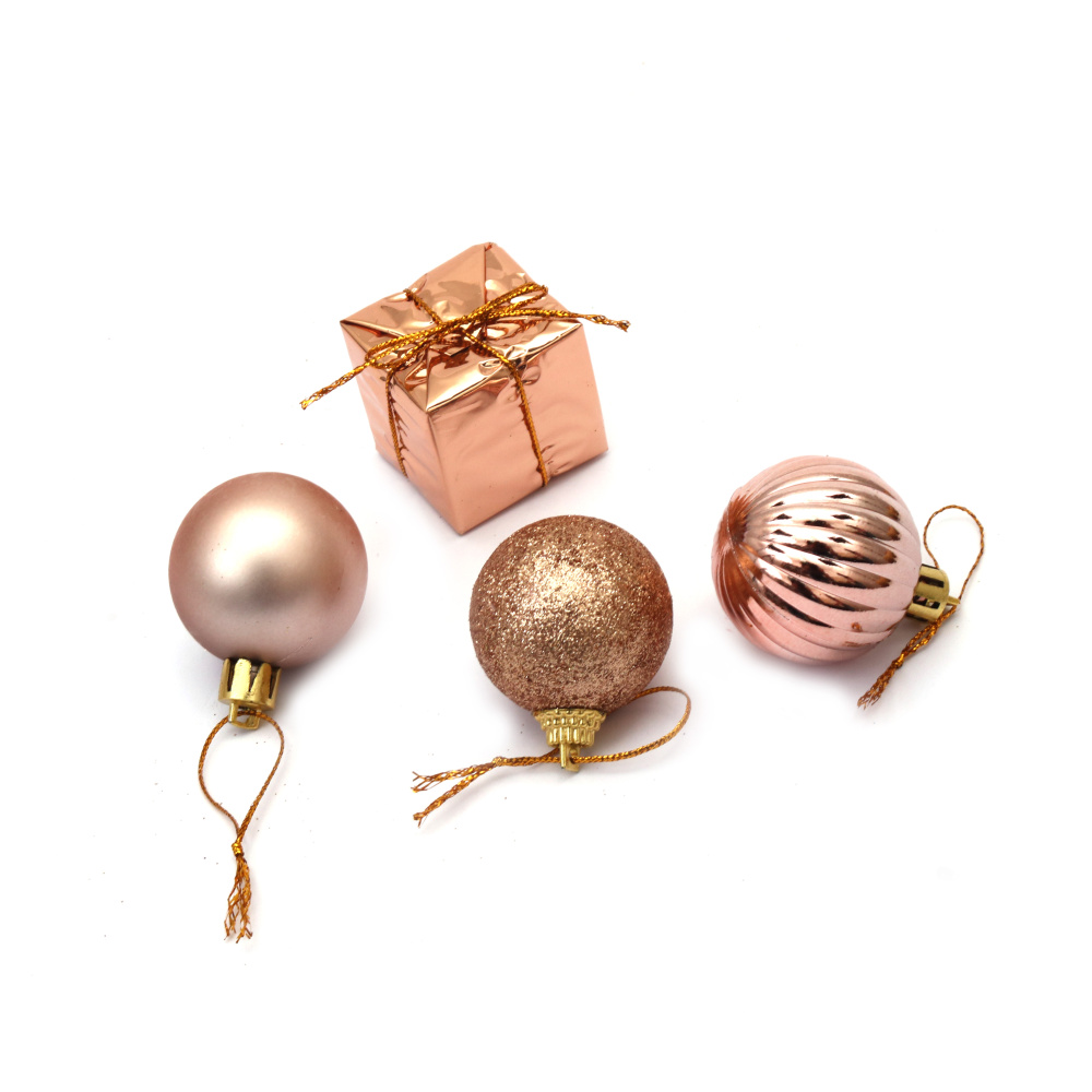Set of Christmas Decoration: Balls and Gifts / 50 mm / Rose Gold Color - 20 pieces