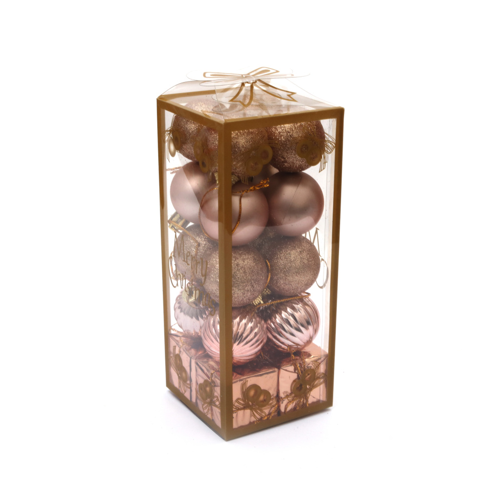 Комплект коледна украса топки и подаръци 50 мм цвят розово злато  -20 броя