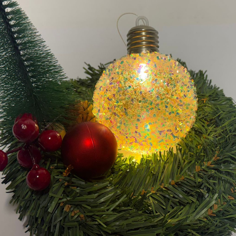 Svietiaca vianočná guľa, dúhovo biela, 80x80 mm, ozdoba na stromček