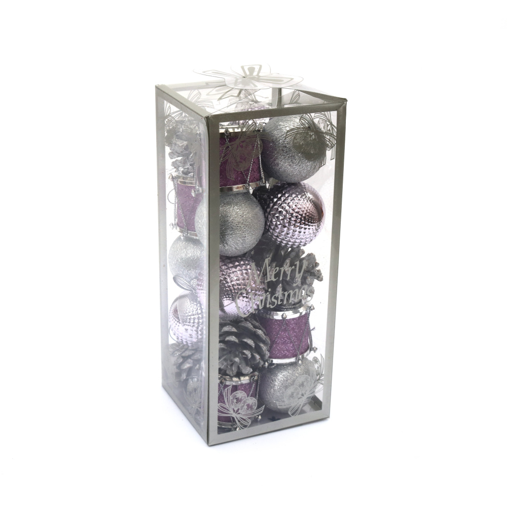 Комплект коледна украса топки шишарки и барабан 20 мм цвят лилав и сребро -20 броя