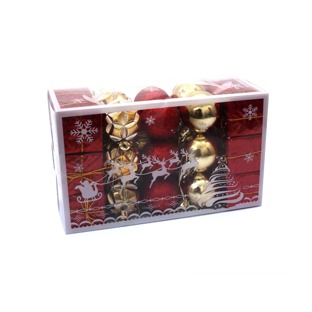 Комплект коледна украса топки подаръци 30 мм цвят червен и злато -30 броя