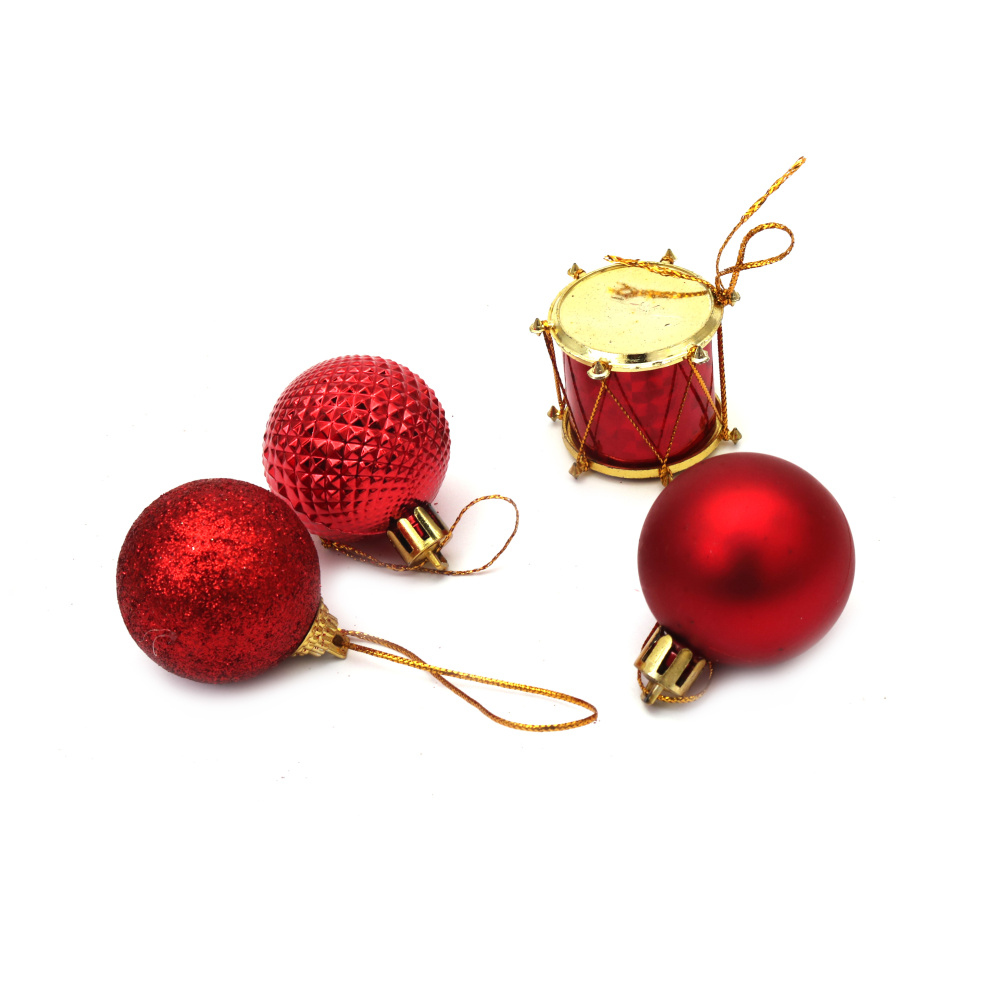 Set of Christmas Ornaments: Balls, Pine Cones and Drum / 20 mm / Red - 20 pieces