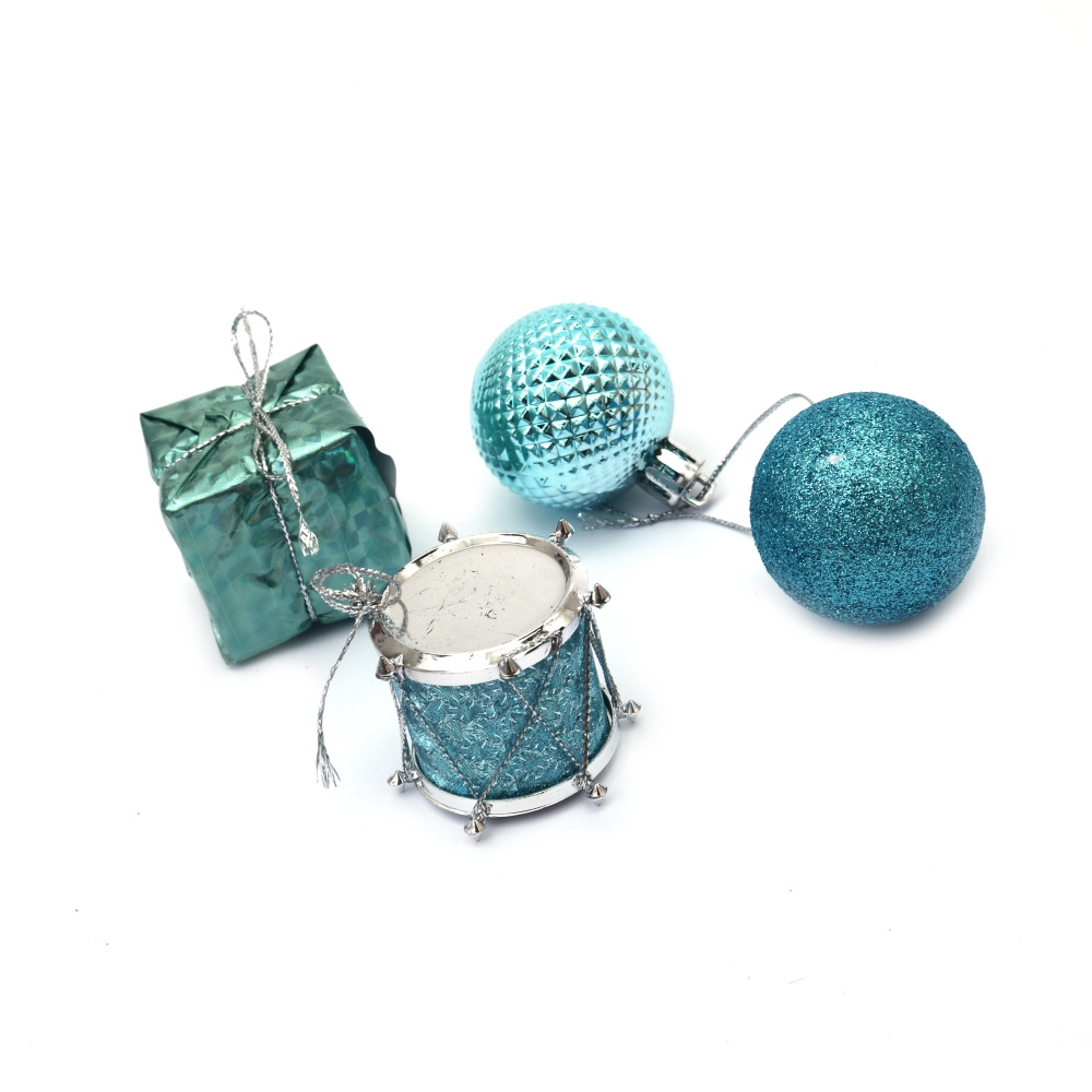Комплект коледна украса топки и подаръци 20 мм цвят син -20 броя