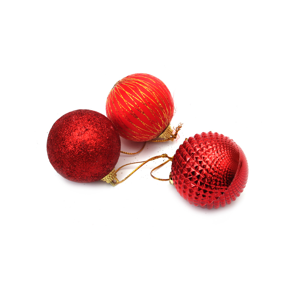 Комплект коледна украса топки и подаръци 50 мм цвят червен  -18 броя