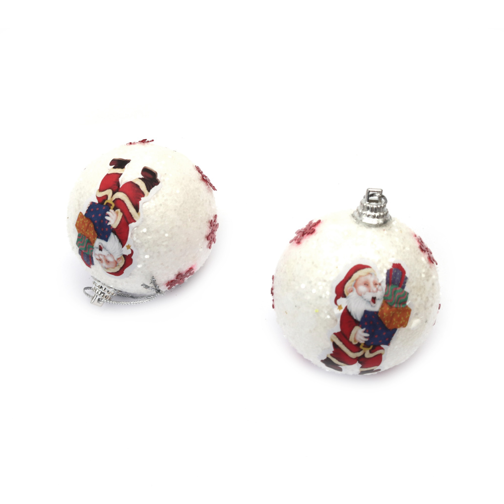 Комплект коледна украса топки с Дядо Коледа 60 мм цвят бял -6 броя