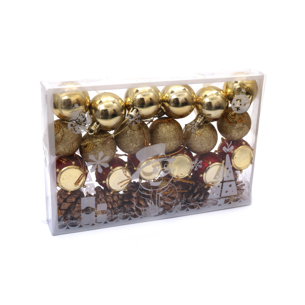 Set of Christmas Tree Decoration:  Balls, Pine Cones and Drum / 30 mm / Red and Gold - 24 pieces