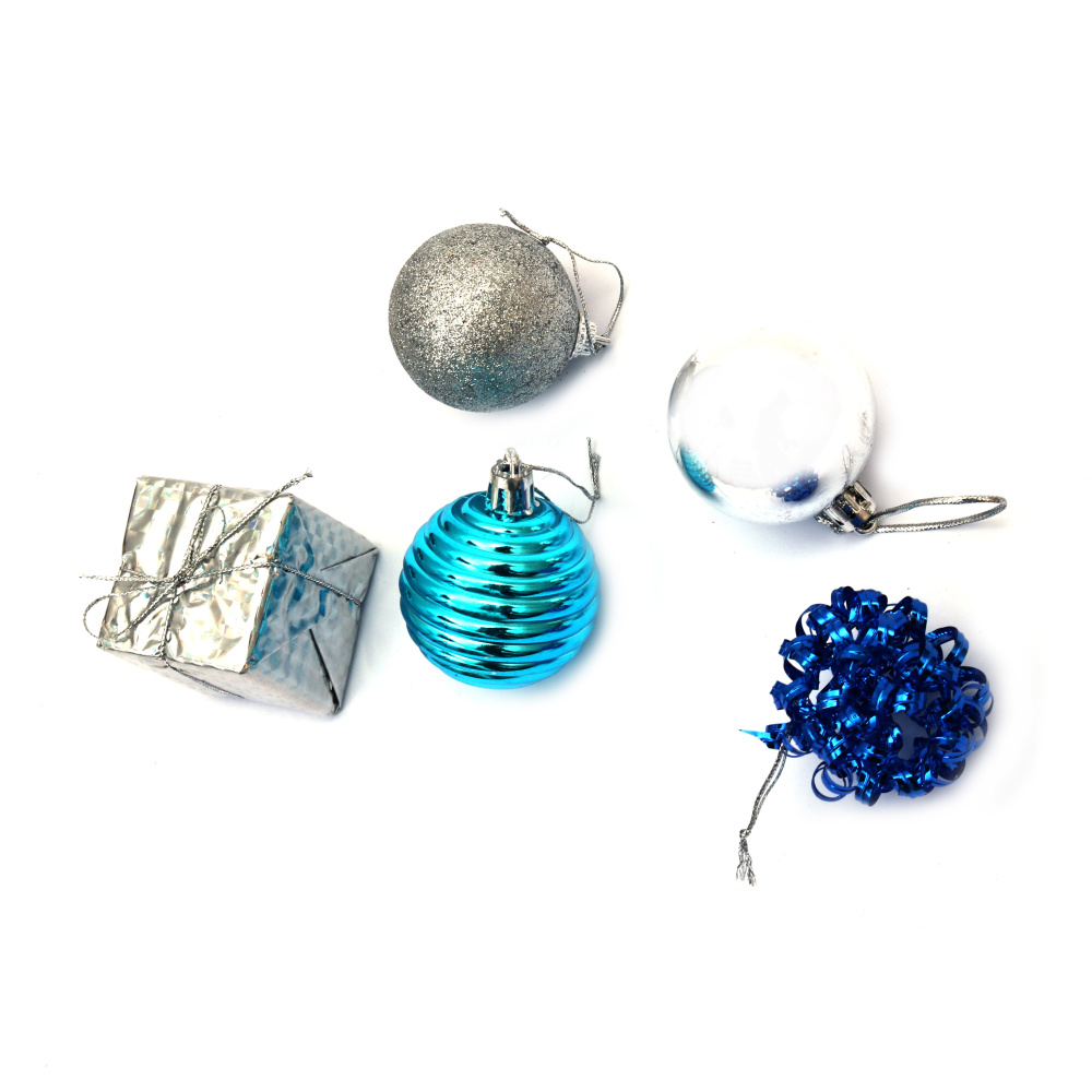 Set of Christmas Decoration - Balls and Gifts / 45 mm / Blue and Silver Color - 20 pieces