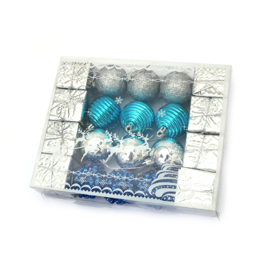 Комплект коледна украса топки и подаръци 45 мм цвят син и сребро -20 броя