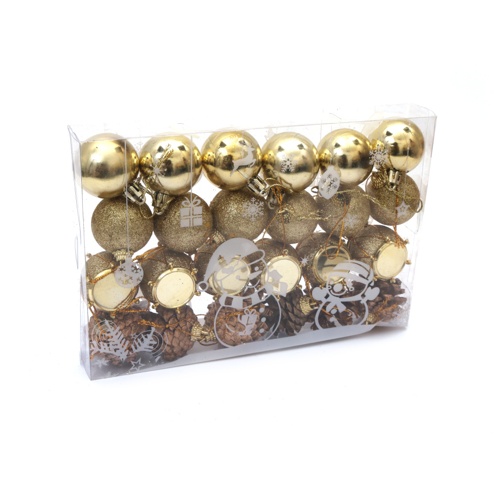 Комплект коледна украса топки шишарки и барабан 30 мм цвят злато -24 броя