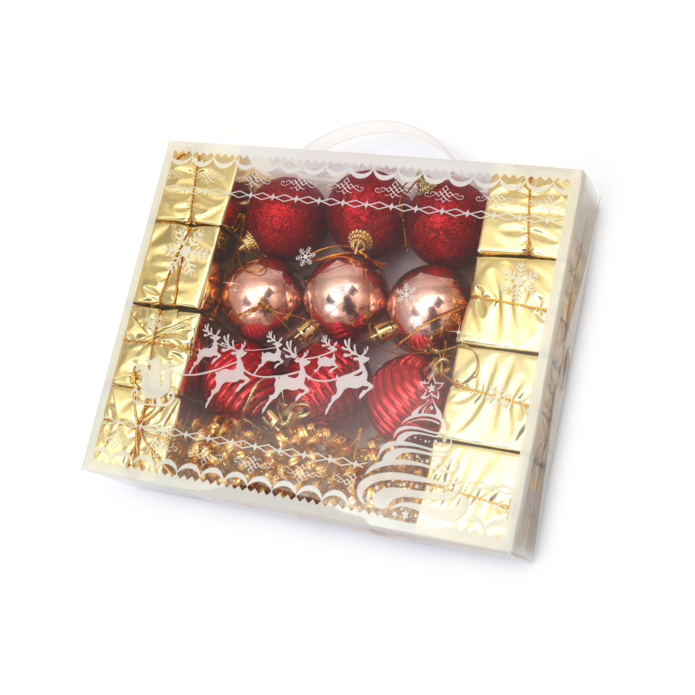 Комплект коледна украса топки и подаръци 45 мм цвят червен и злато -20 броя