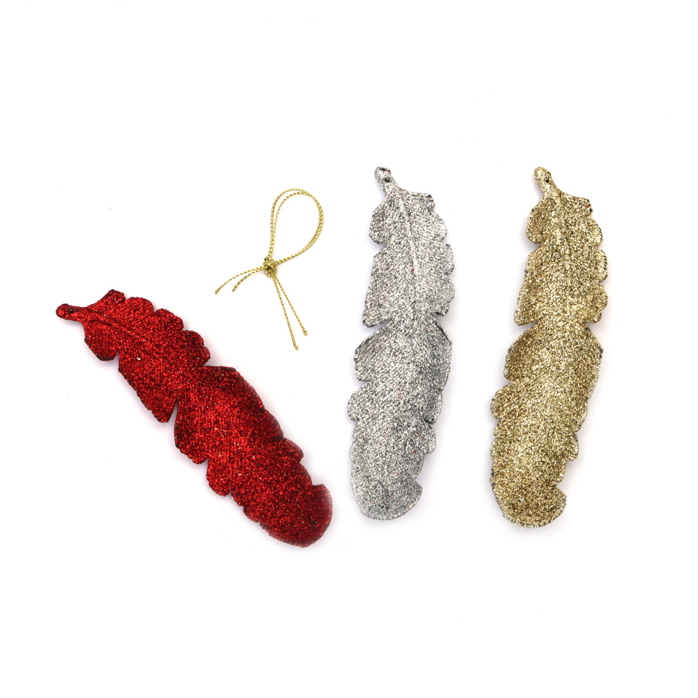 Christmas Feather Pendant /  35x130 mm / Different Colors with Glitter - 3 pieces