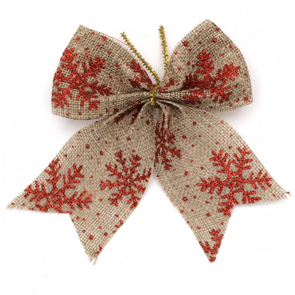 Christmas Decoration  Burlap Ribbon Bow   110x130 mm with brocade print, white - 3 pieces