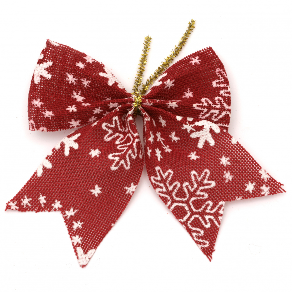 Christmas Decoration  Burlap Ribbon Bow   110x130 mm with brocade print, red - 3 pieces