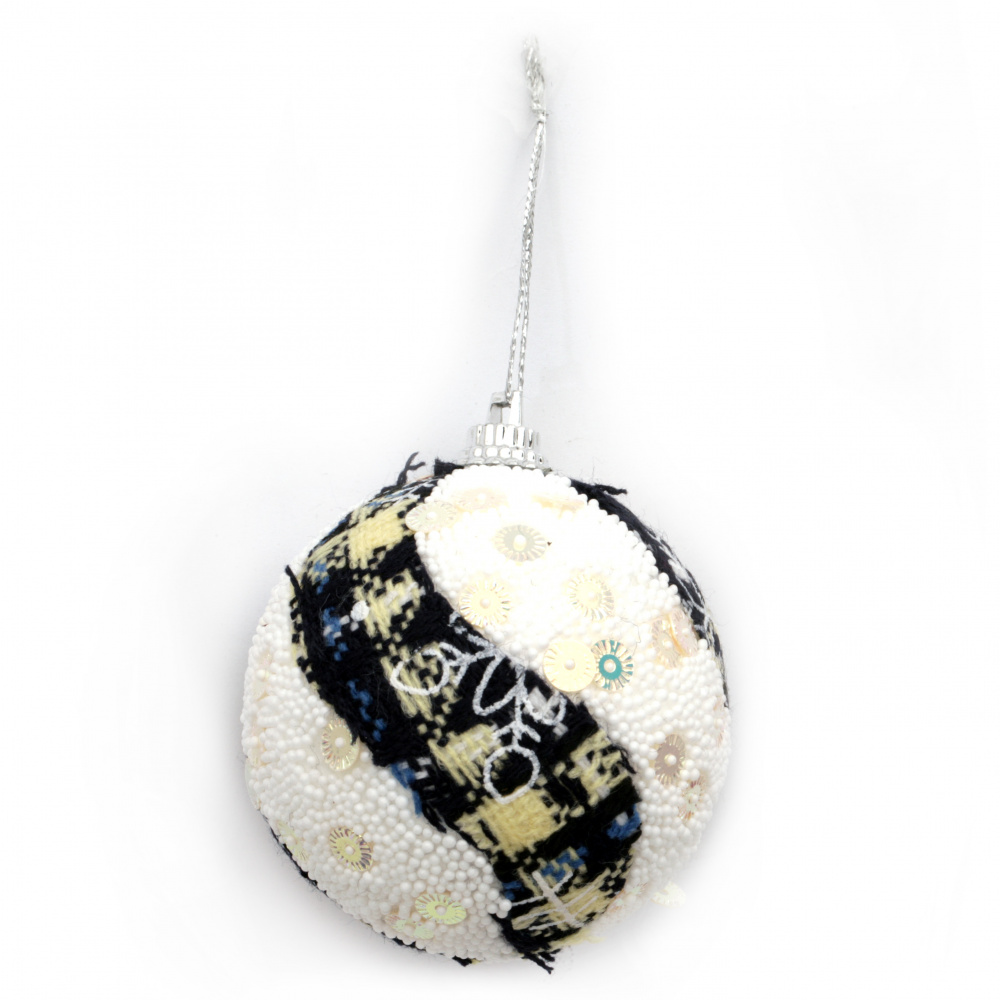 Styrofoam Christmas ball with textile stripes and sequins 56 mm in white and blue - 6 pieces