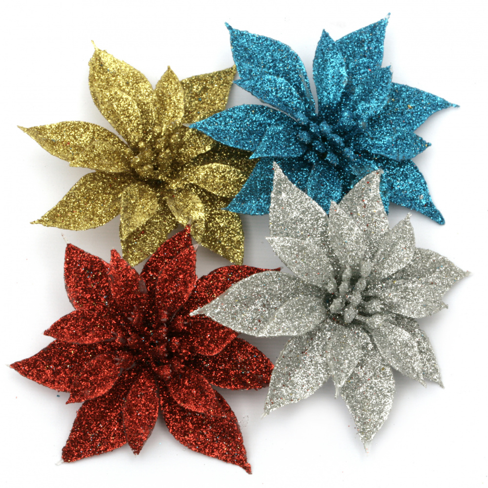 Shiny flower for Christmas decoration 85x85x3 mm colored with glitter - 4 pieces