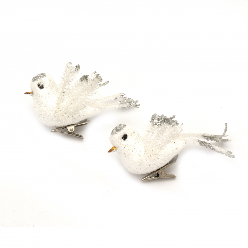 Christmas Decoration White Dove with Silver Brocade, 93x30 mm - 4 Pieces