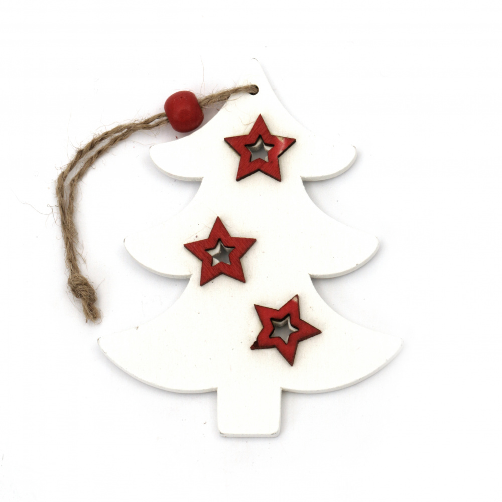  Χριστουγεννιάτικο ξύλινο στολίδι  δέντρο άσπρο με κόκκινα αστερία για  στολίδια  100x80x7 mm 