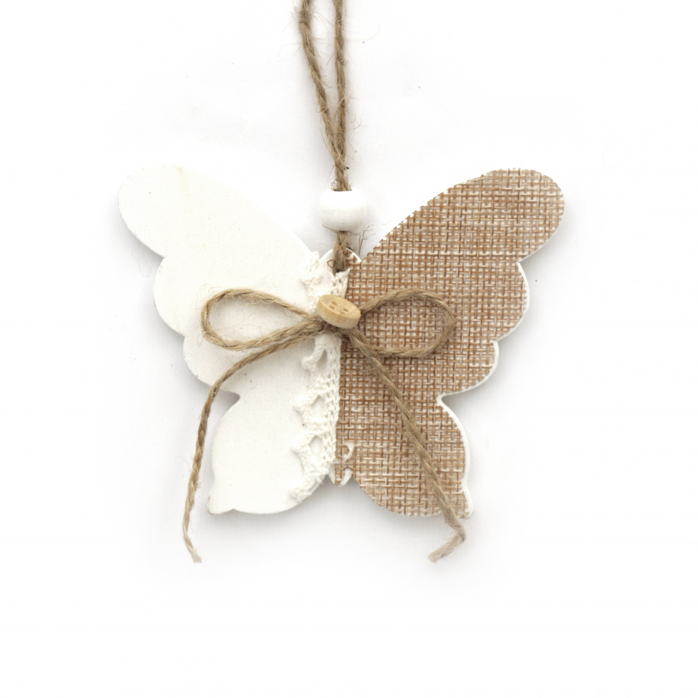 Decorated Wooden Butterfly, 100x82x5 mm, White Color