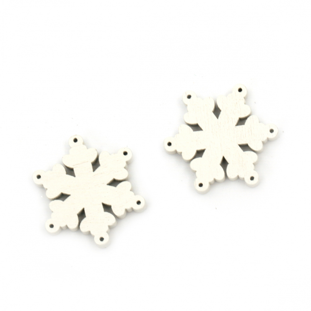 Wooden Snowflake Pendant, 30x5 mm, Hole 1.5 mm, White - 10 Pieces