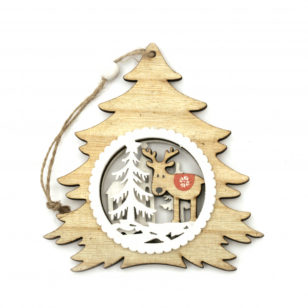 Christmas Wooden Pendant, Christmas Tree with Reindeer, 123x114x10 mm