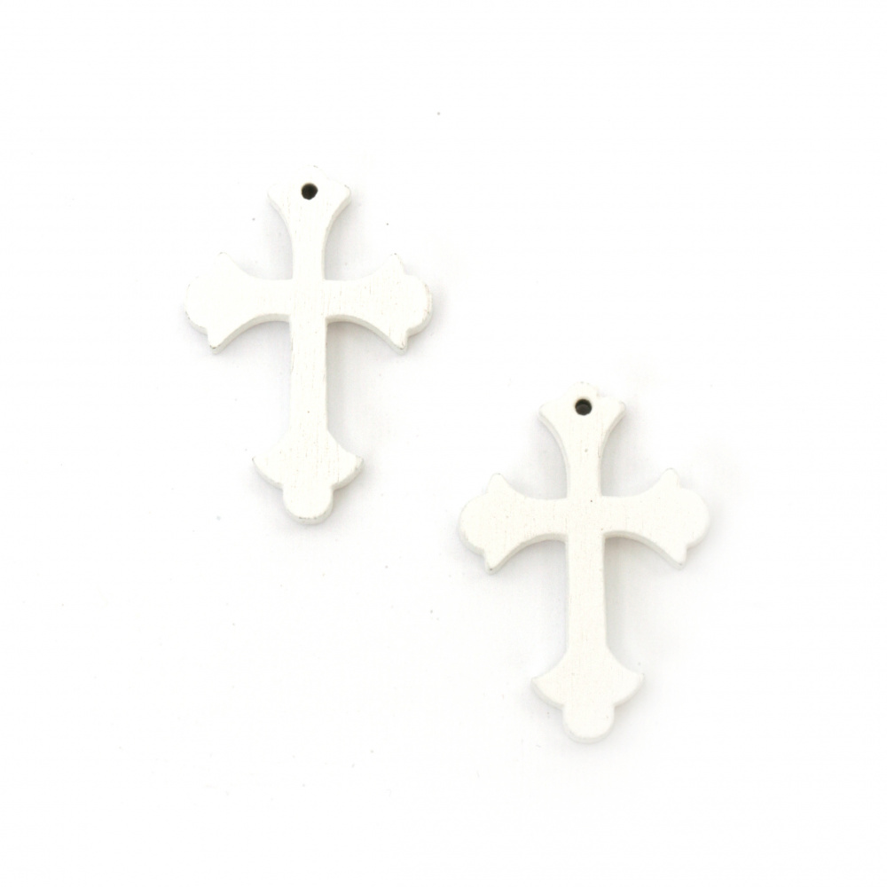 Wooden Cross Pendant, 30x24x4 mm, Hole 1 mm, White Color - 10 Pieces