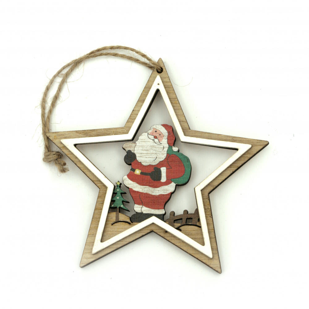Christmas Wooden Pendant, Star, 110x110x8 mm, Santa Claus