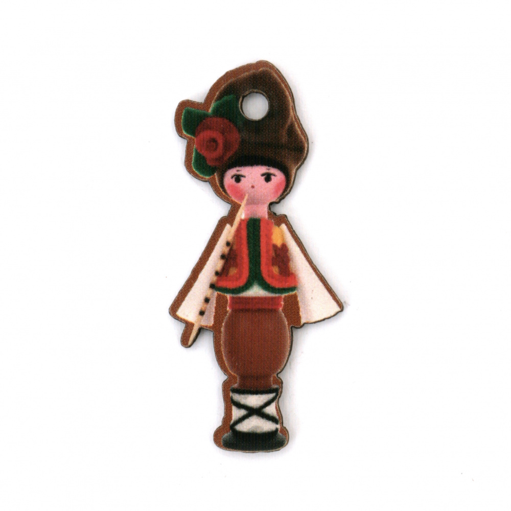 Cut Plywood Pendant, Boy in Folk Costume / 45x20x2 mm, Hole: 3 mm - 4 pieces