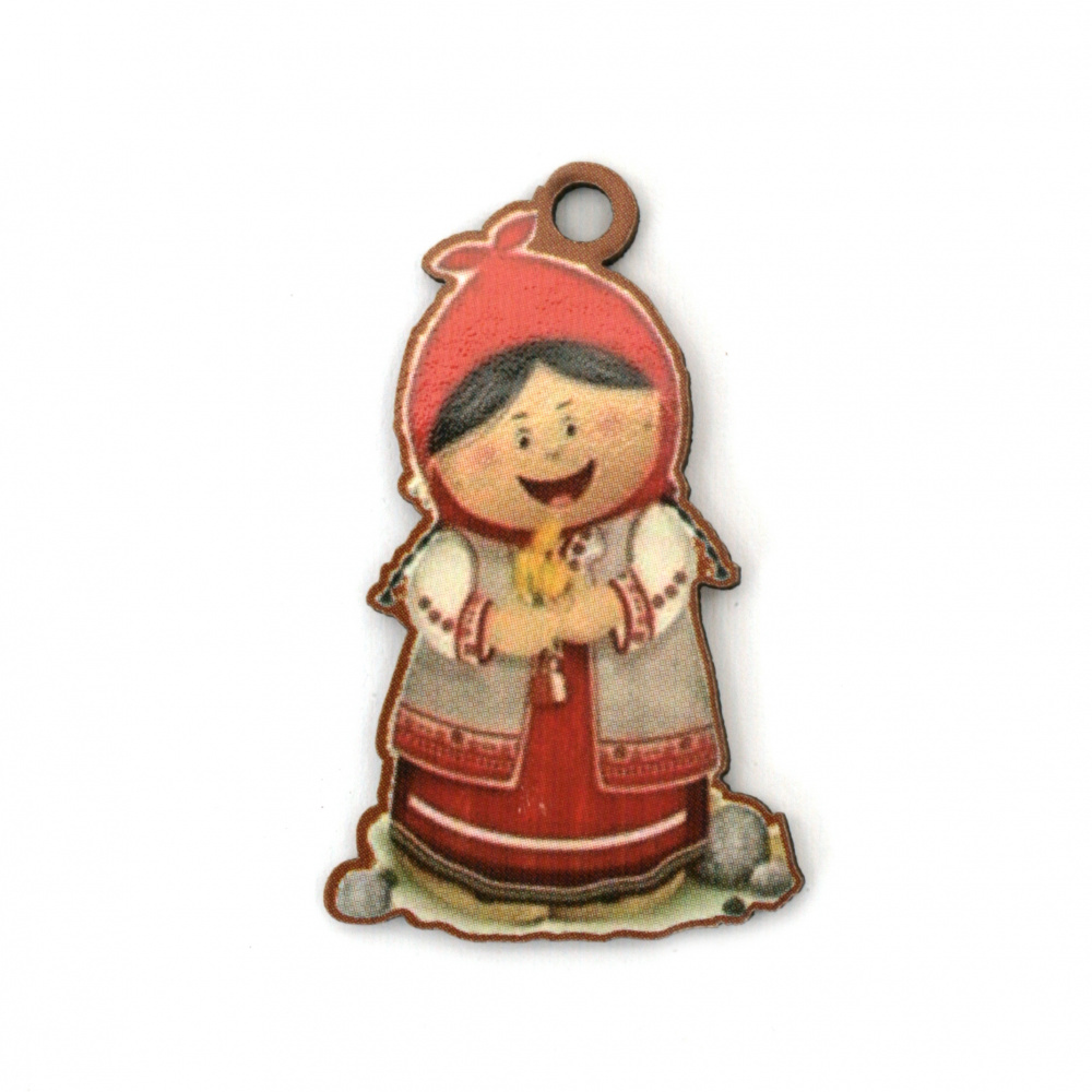 Plywood Pendant for Handmade Martenitsas, Girl with Traditional Dress / 45x26x2 mm, Hole: 3 mm - 4 pieces