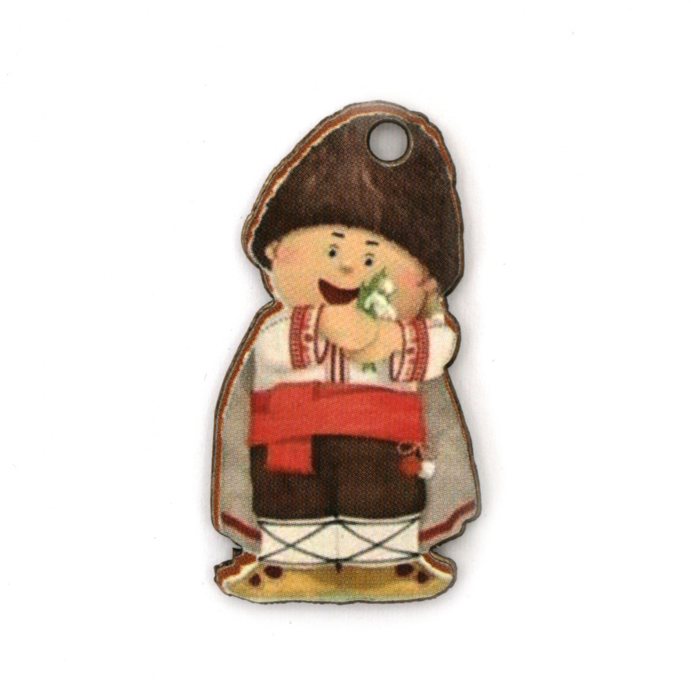 Plywood Pendant for Handmade Martenitsas, Boy with Traditional Costume / 45x26x2 mm, Hole: 3 mm - 4 pieces