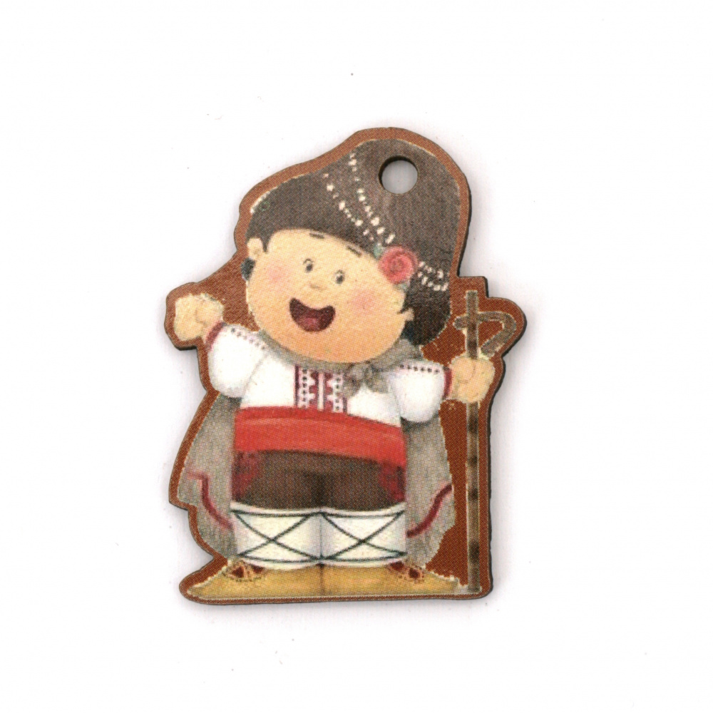 Plywood Pendant, Boy with Folk Costume / 40x30x2 mm, Hole: 3 mm - 4 pieces