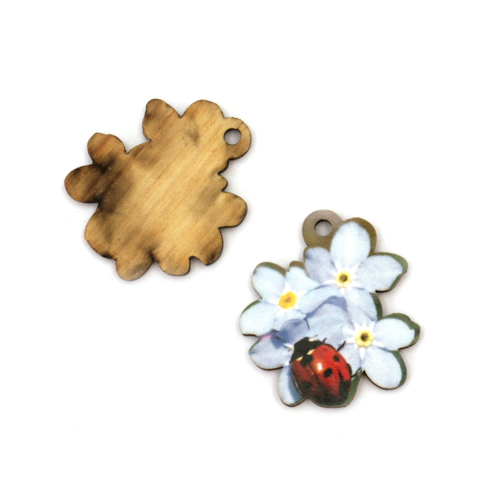 Plywood Pendant, Flowers with Ladybug / 30x28 mm, Hole: 2 mm - 5 pieces