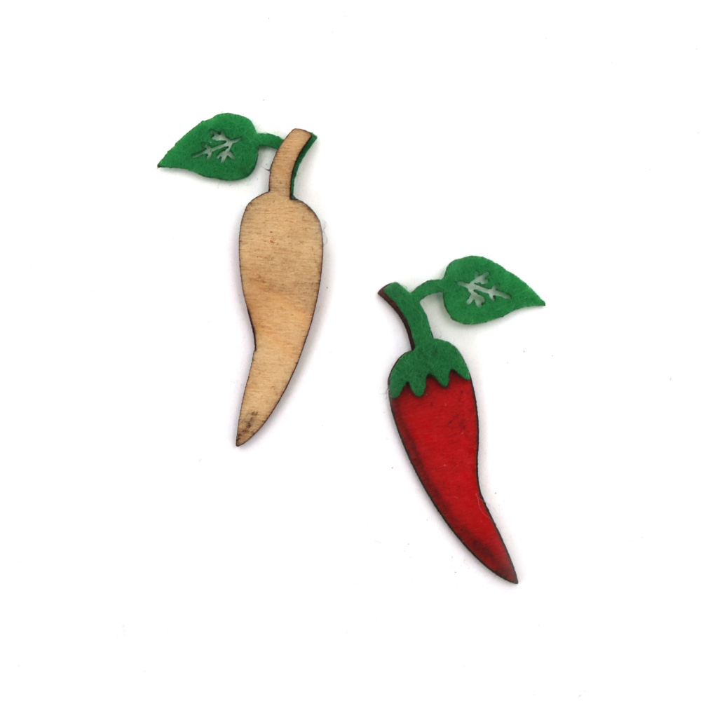 Decorative Peppers with Leaf, made of felt and wood 39x20x2 mm - 10 pieces