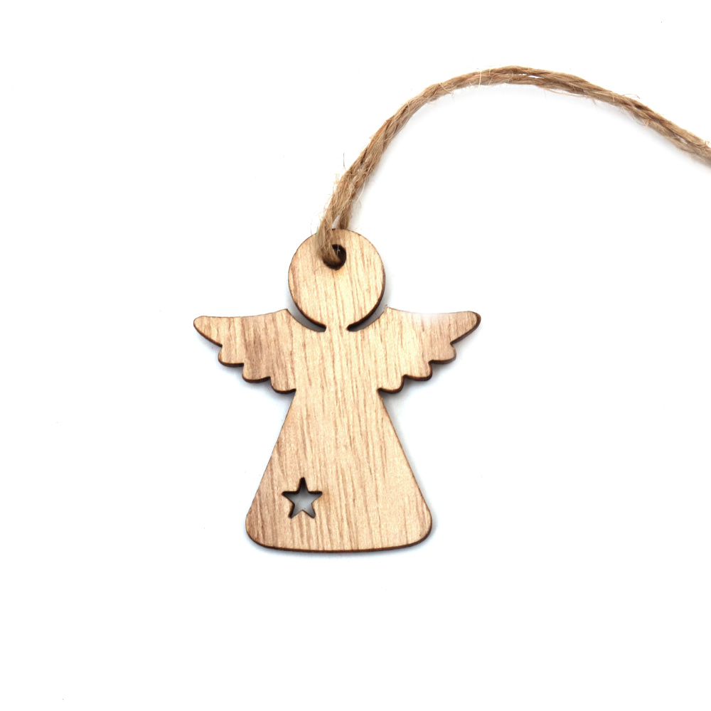 Wooden Angel Pendant 49x50x2 mm, hole 3 mm, color brown - 10 pieces