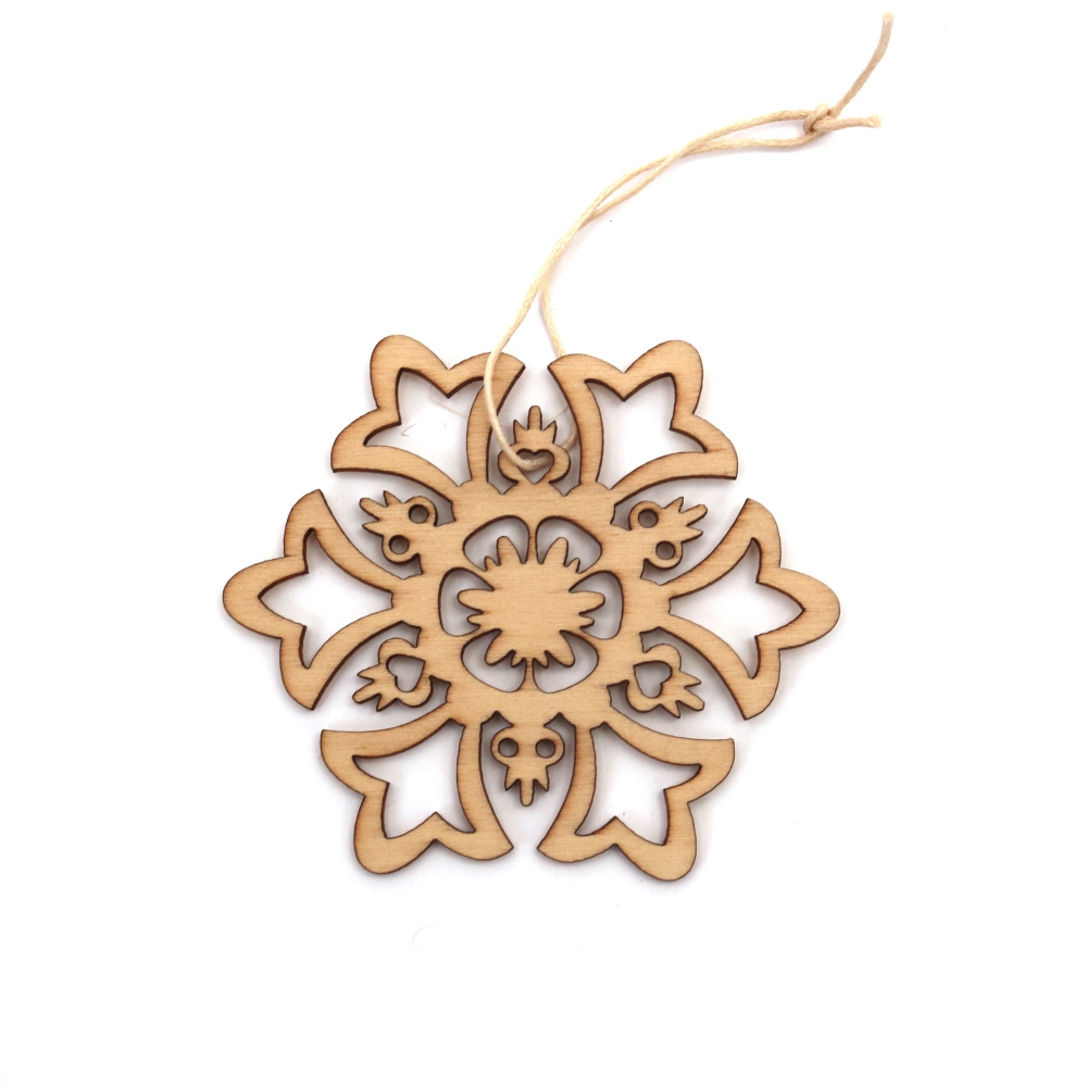 Christmas Wooden Snowflake Pendant for Decoration 80x70x2 mm, with rope