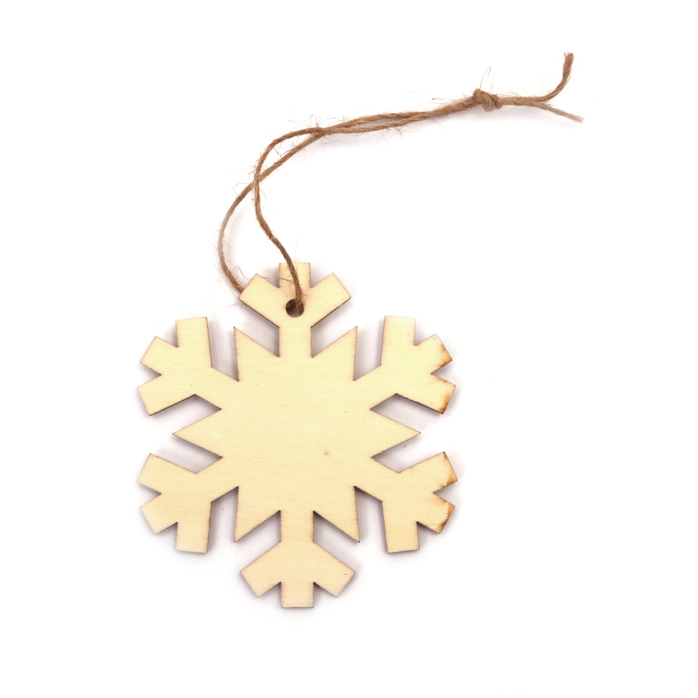 Christmas Wooden Pendant for Decoration, Snowflake, 77x71x2 mm, with rope