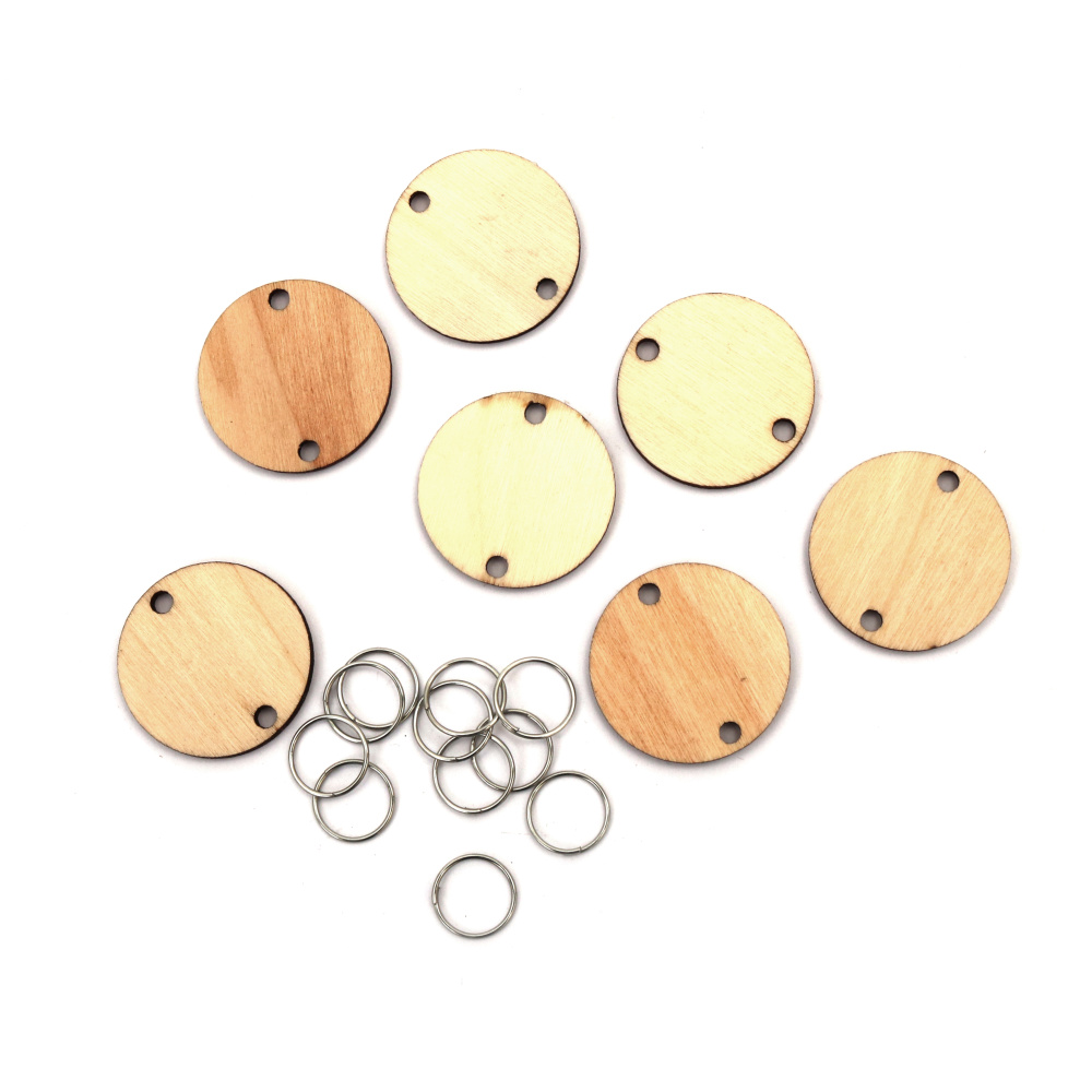 Set of Wooden Connecting Element,  Circle 30 mm -50 pieces and metal rings 10 mm -50 pieces for decoration
